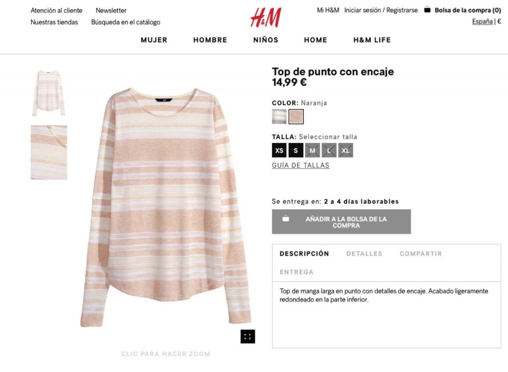 Camiseta de punto de H&M, talla S en color rosado.