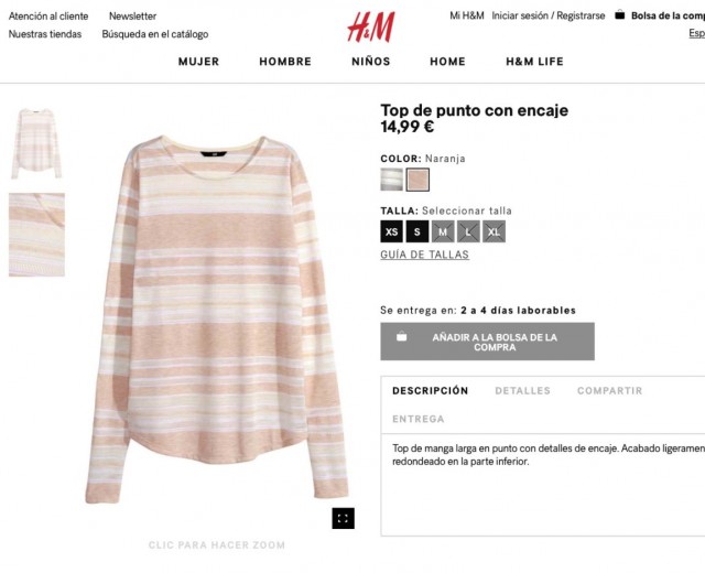 Camiseta de punto de H&M, talla S en color rosado.